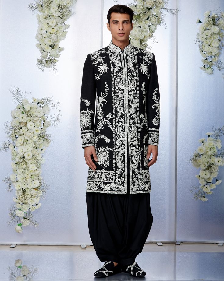 Black & White Sherwani Set | Seema Gujral | Panache by Sharmeen Tuscan Summer, Black Sherwani, White Sherwani, Dori Embroidery, Seema Gujral, Bollywood Theme, Kurta Men, Indian Men, Indian Men Fashion