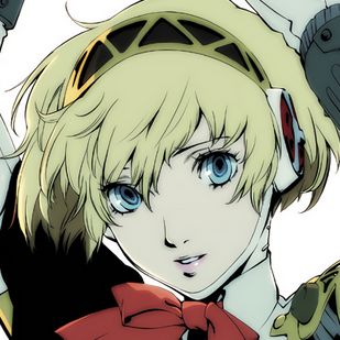 an anime character with blonde hair and blue eyes wearing a red bow tie, looking at the camera