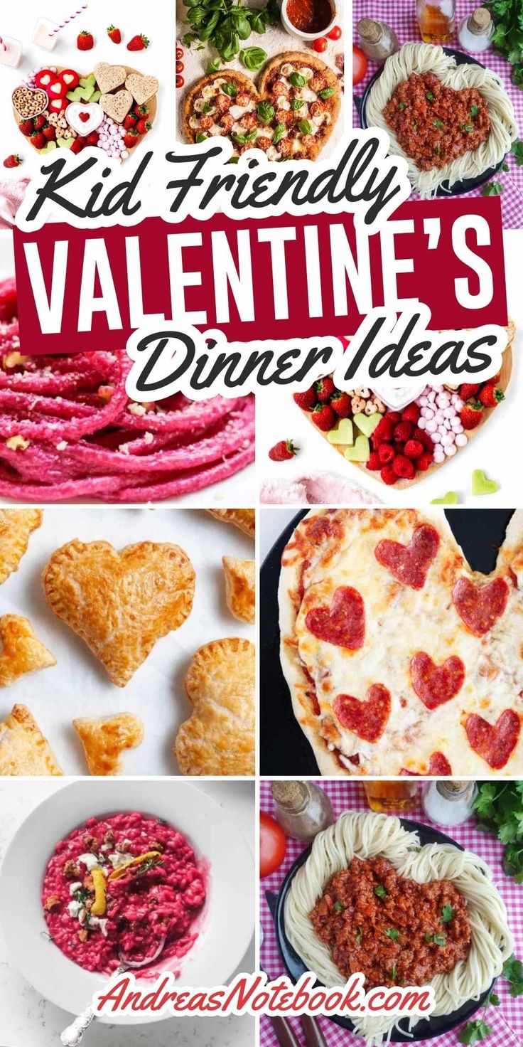 valentine's day dinner menu with heart shaped pizzas and other food on the table