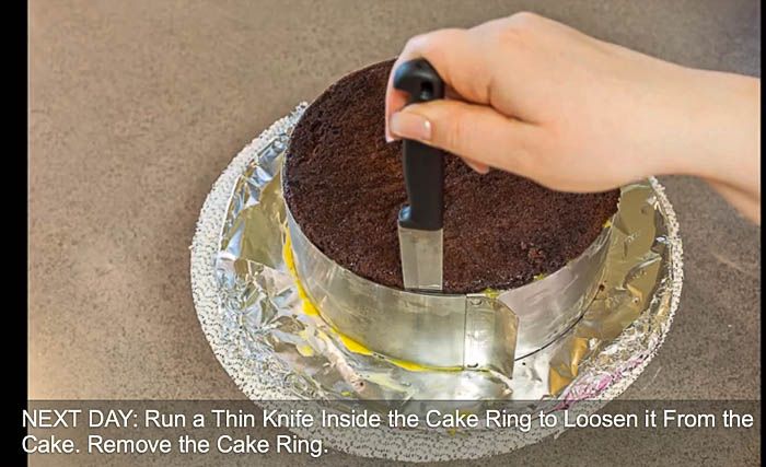 someone cutting into a cake with a knife on top of it and the text next day, run a thimble the cake rings to loosen it doesn't from the cake remove the cake ring