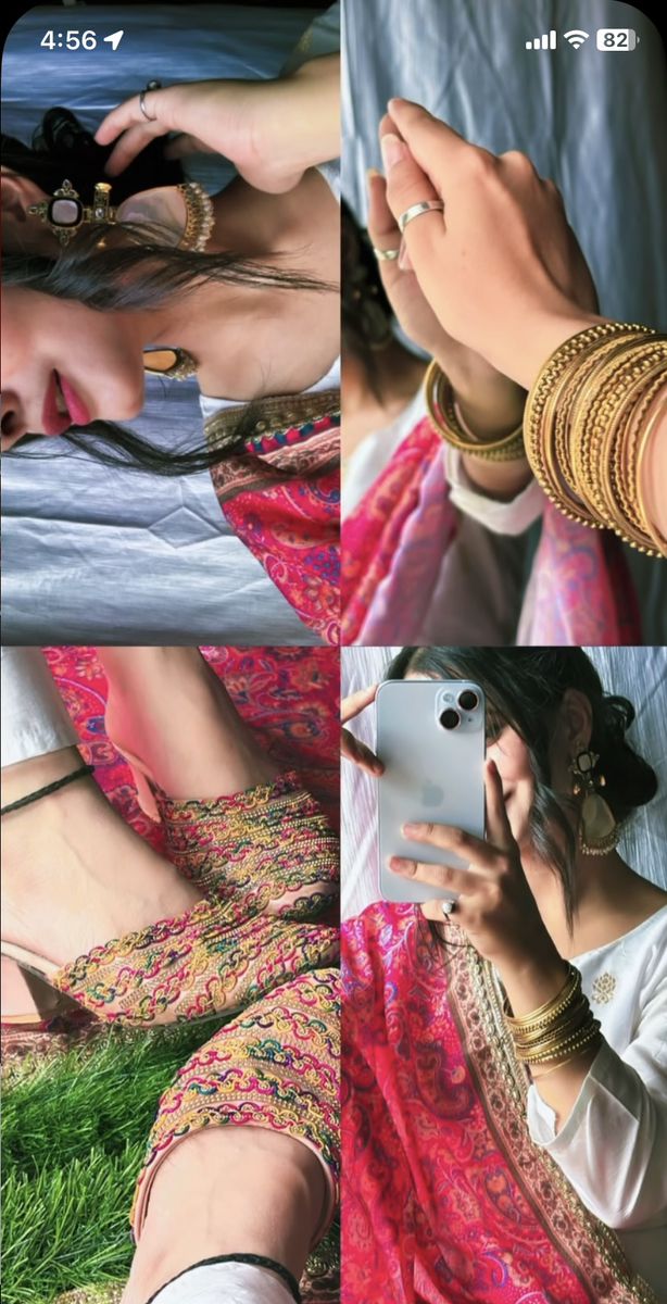 four different pictures of a woman wearing bracelets and holding a cell phone in her hand