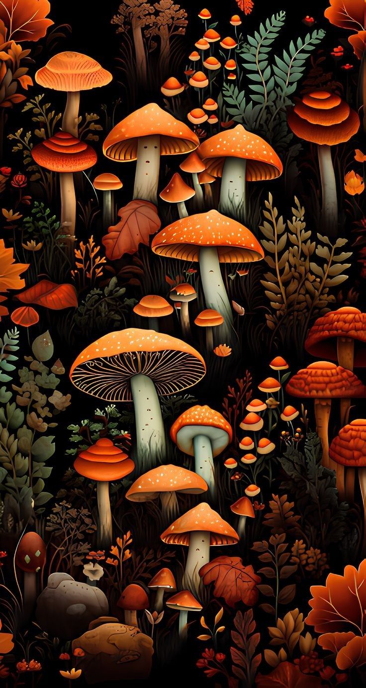 a painting of many different types of mushrooms