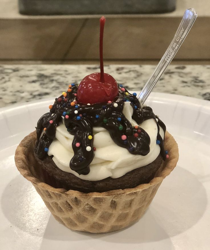 an ice cream sundae with chocolate, sprinkles and a cherry on top