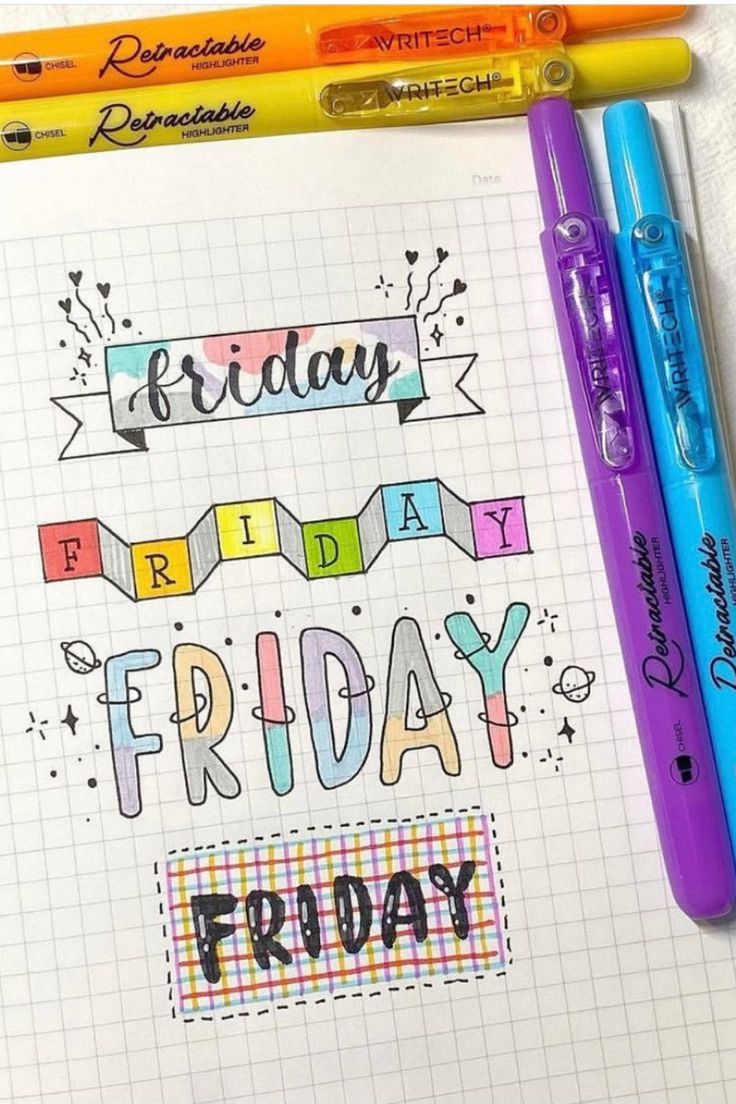 a notebook with the words friday, friday and friday written in different colors on it