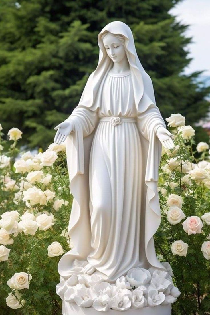 a statue of the virgin mary surrounded by white roses