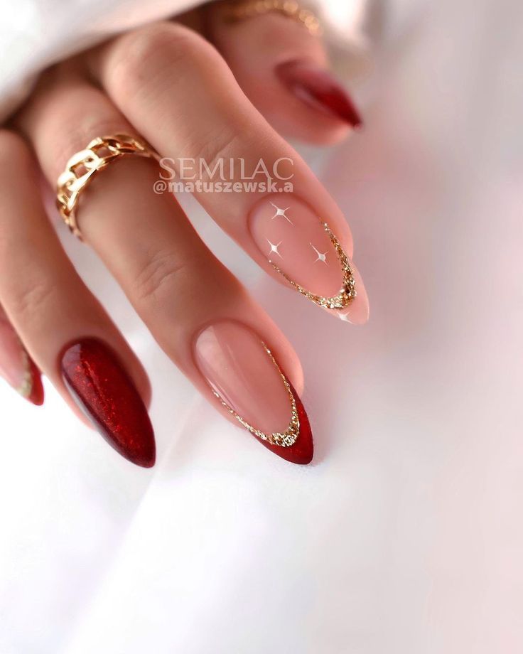 Bridal Shower Nails For Guest, Long Hair Updo Styles, Nye Nails Almond Shape, Elegant Almond Nails Classy, Nails December, Red And Gold Nails, Cute Christmas Nails, Gold Nail, Her Nails