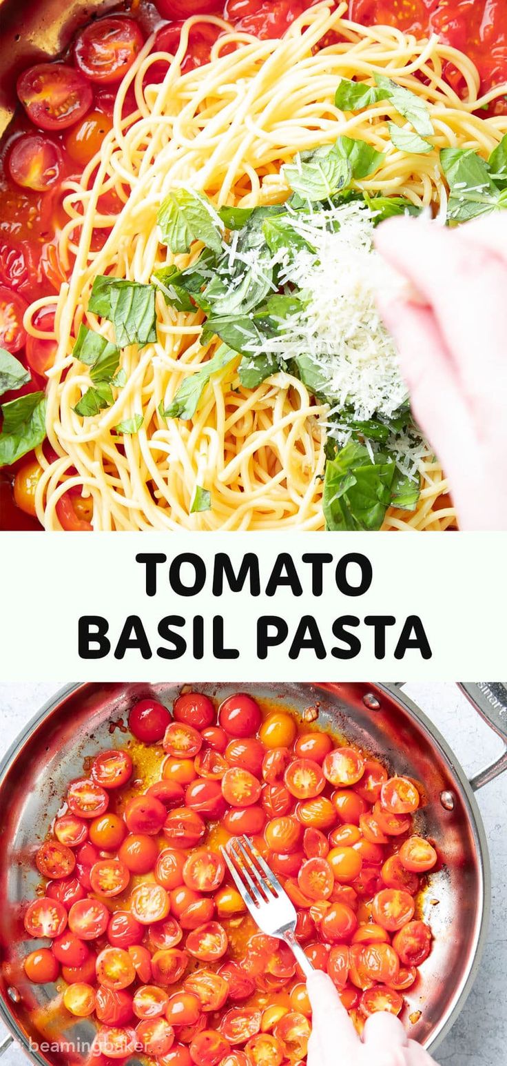 tomato basil pasta is being cooked in a skillet and then topped with parmesan cheese