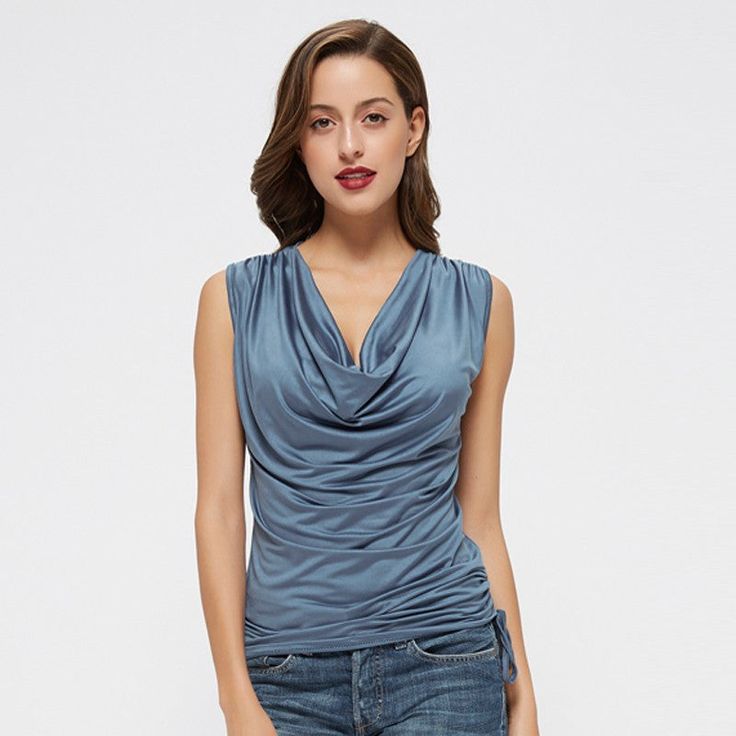 Collar: V-NeckSleeve Length: SleevelessMaterial: Polyester Elegant Blue V-neck Tank Top, Blue V-neck Tank Top For Night Out, Blue V-neck Vest Top, Blue V-neck Tank Top For Party, Chic Blue V-neck Vest, Neck Collar, One Shoulder Blouse, Sleeveless Top, One Shoulder