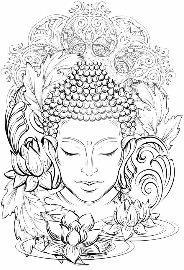 the head of buddha surrounded by flowers and leaves in black and white coloring book page