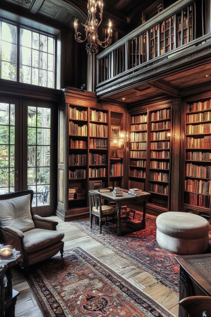 a large library with lots of bookshelves and chairs