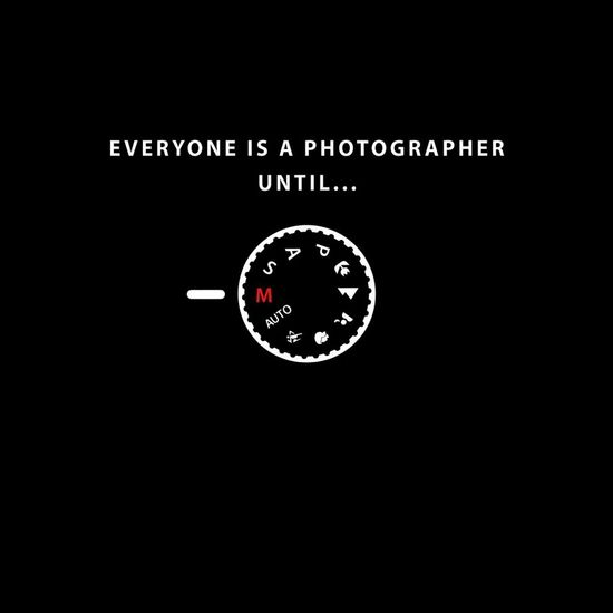 a black background with a clock and the words, everyone is a photographer until m