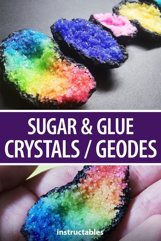 sugar and glue crystals / geodes in the shape of rainbows on a table