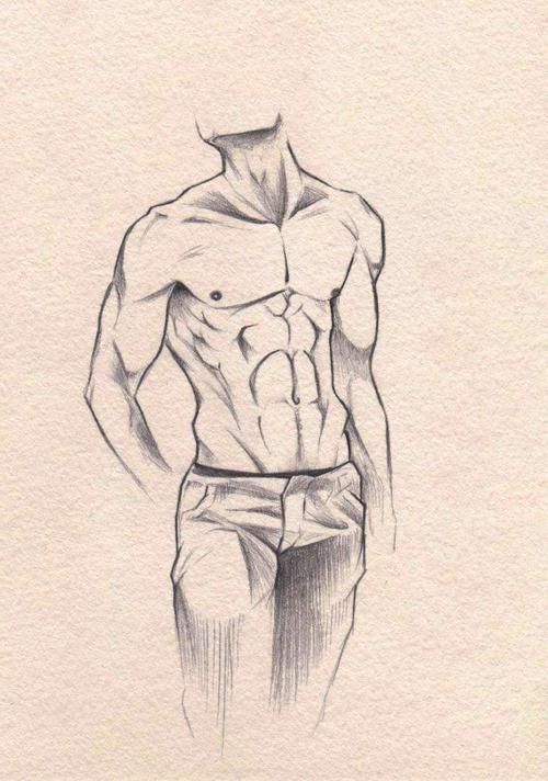 a pencil drawing of a man's torso and lower body with the letter q on it