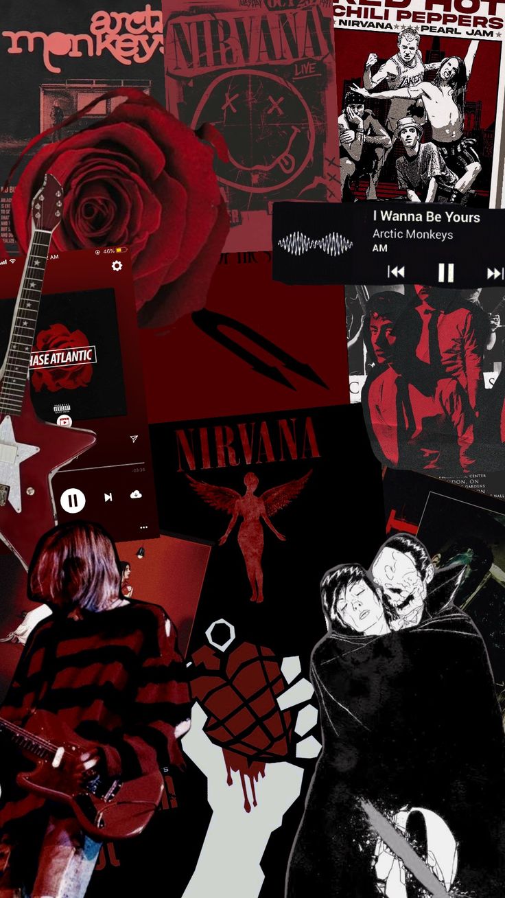 a collage of various images with the words nirvana on them and an image of a person holding a guitar