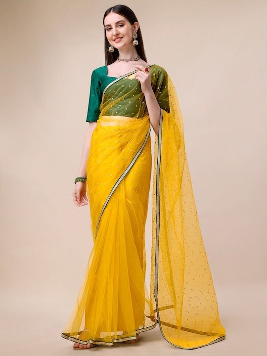 Mustard-colored & Gold-colored sareeDesign DetailsMustard & gold-toned sareeEmbroidered saree with embroidered borderHas zari detailThe saree comes with an unstitched blouse pieceThe blouse worn by the model might be for modelling purpose only. Check the image of the blouse piece to understand how the actual blouse piece looks like. Net Sarees, Western Kurtis, Saree Sale, Bandhani Saree, Net Saree, New Launch, Half Saree, Printed Sarees, The Model