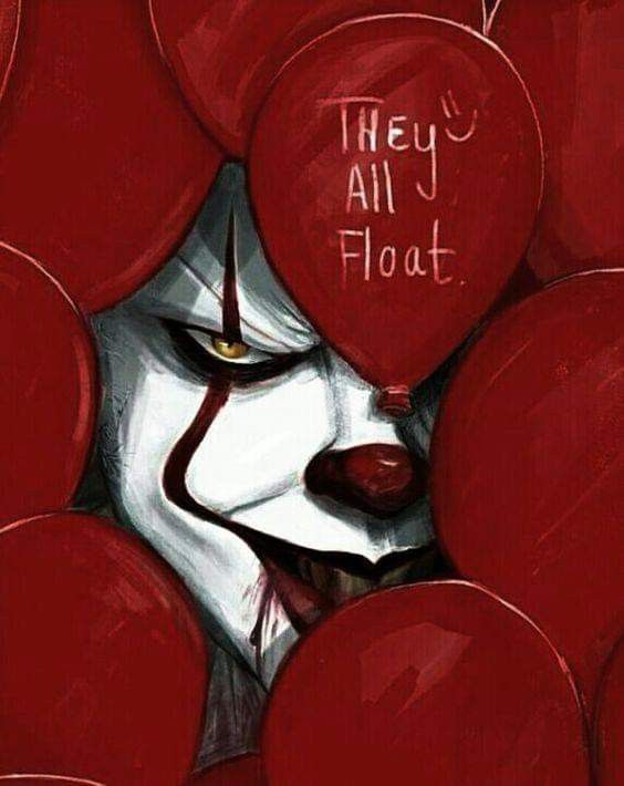 a painting of a clown with red balloons around his face and the words they all float above it