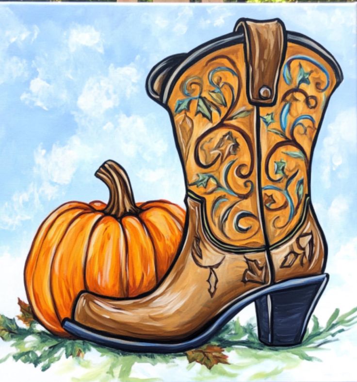 a painting of a cowboy boot with a pumpkin on the ground in front of it