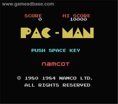 the pac man title screen, with an old - school style text box in the background