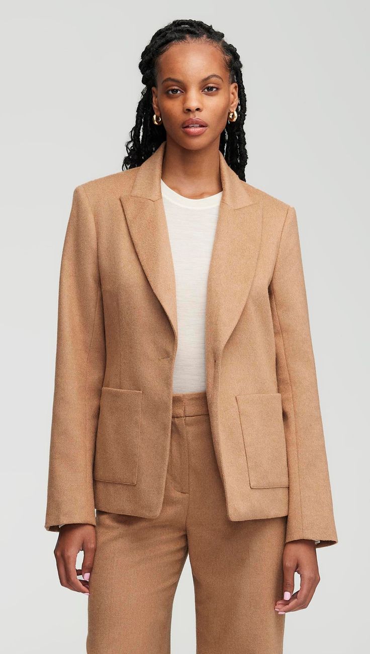 Argent: Patch Pocket Blazer in Textured Wool | Women's Blazers | Argent Timeless Wool Blazer With Patch Pockets, Luxury Wool Blazer With Patch Pockets, Fall Wool Single-breasted Blazer, Single-breasted Wool Blazer, Brown Single-breasted Cotton Blazer, Camel Style, Denim Vests, White Button Up, Linen Shop