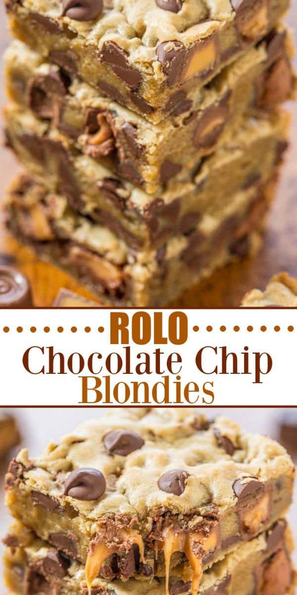 chocolate chip blondies stacked on top of each other with the title in the middle