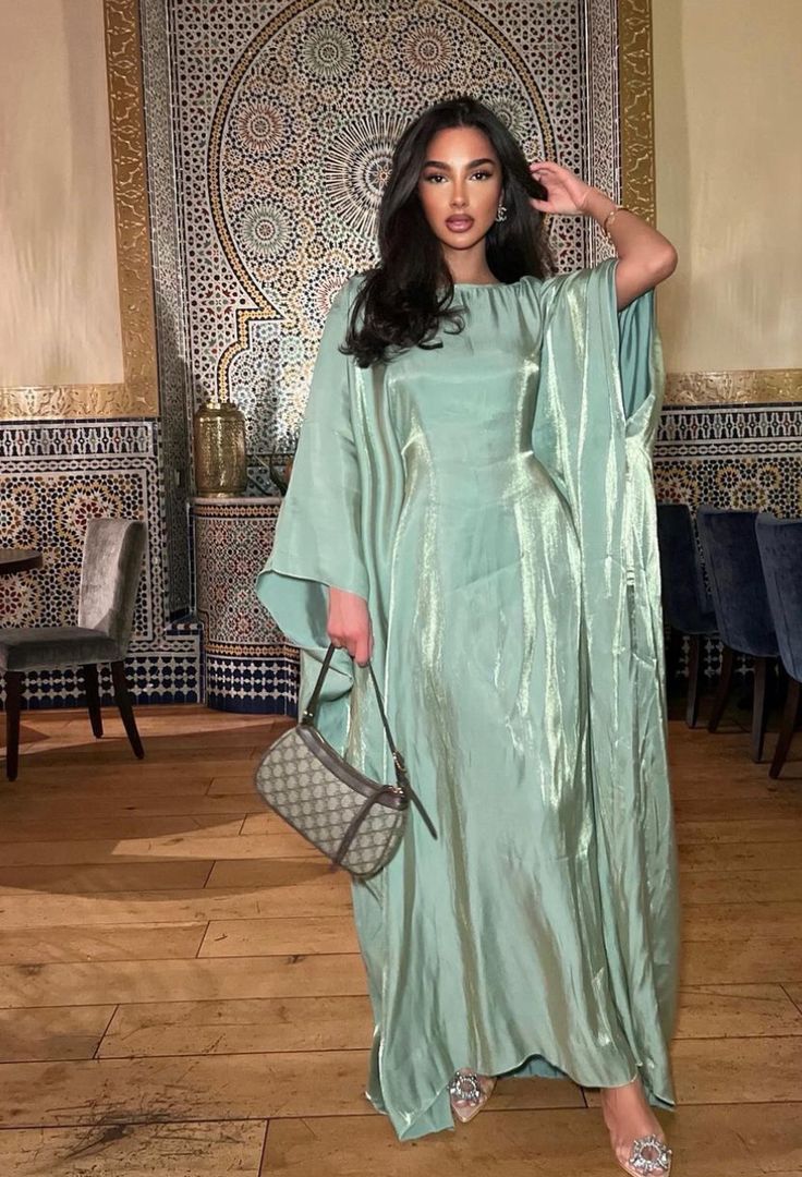 A Line Evening Dress, Satin Dress Long, Mode Abaya, Sleeve Bodycon Dress, Khaki Dress, Abayas Fashion, Women Long Dresses, Dress Plus Size, Prom Gown