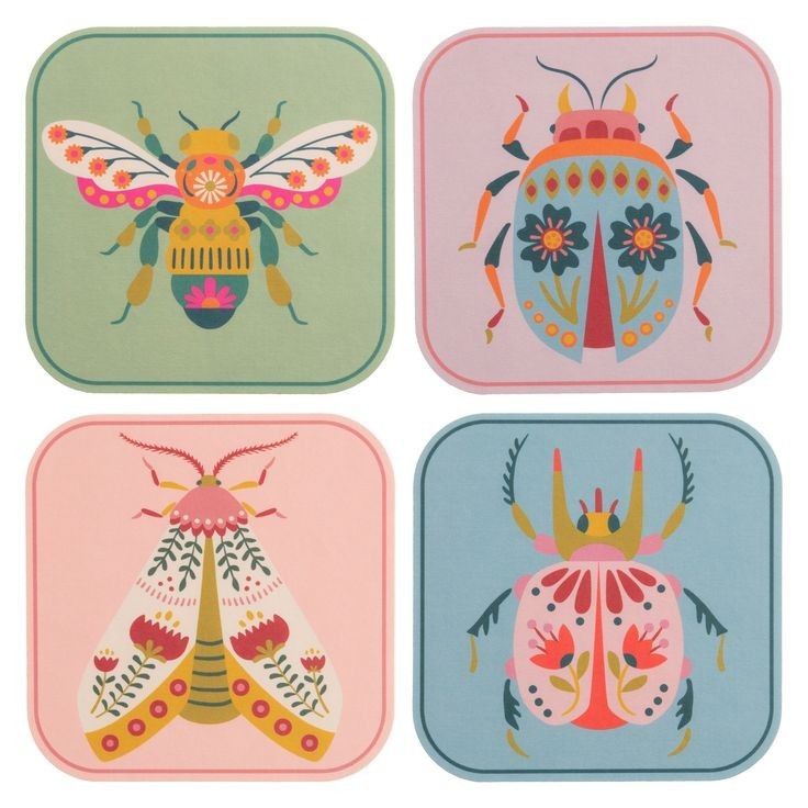 four square coasters with colorful bugs and flowers on the front, one in pink, one in blue