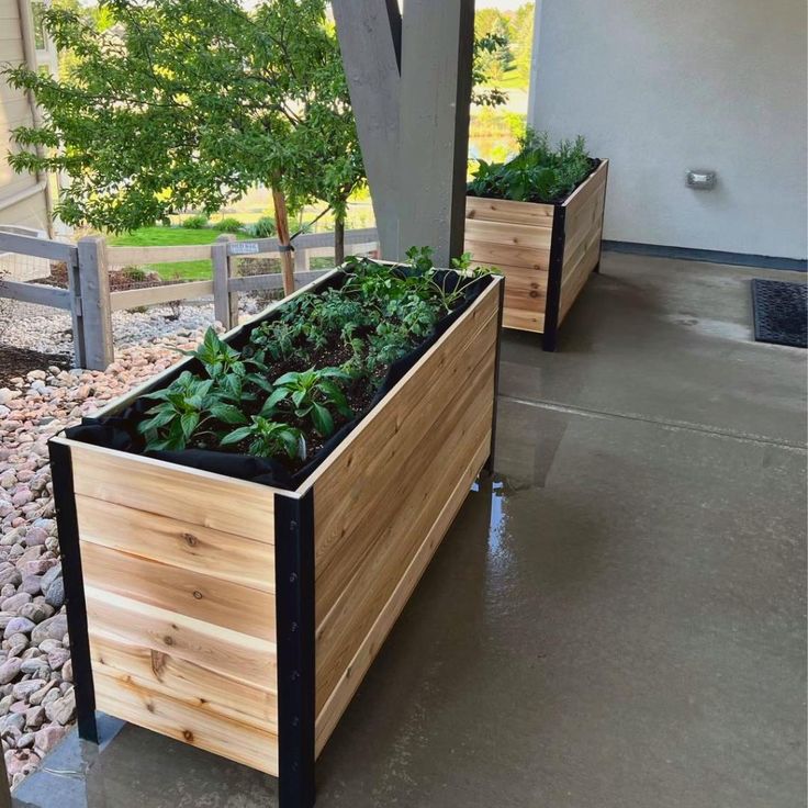 two wooden planters with plants in them sitting on the concrete floor next to a building