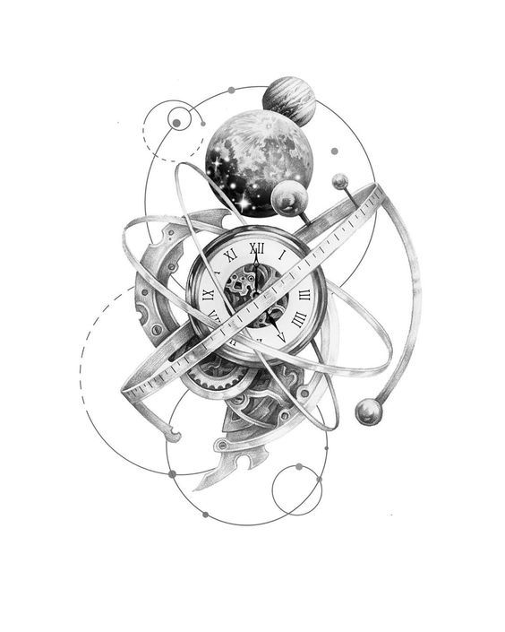 a black and white drawing of a clock with planets around it