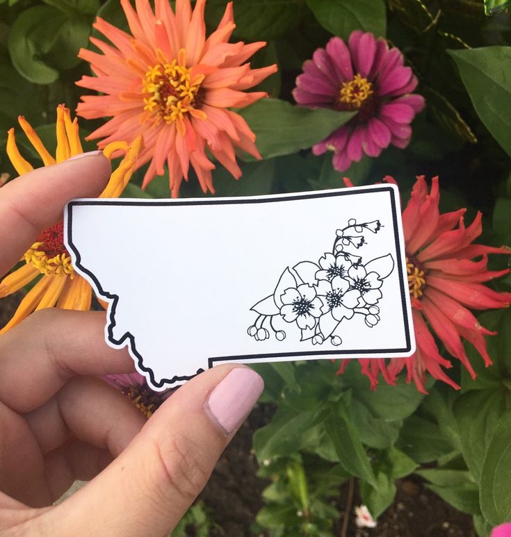 a person holding up a sticker with flowers in the back ground and behind it