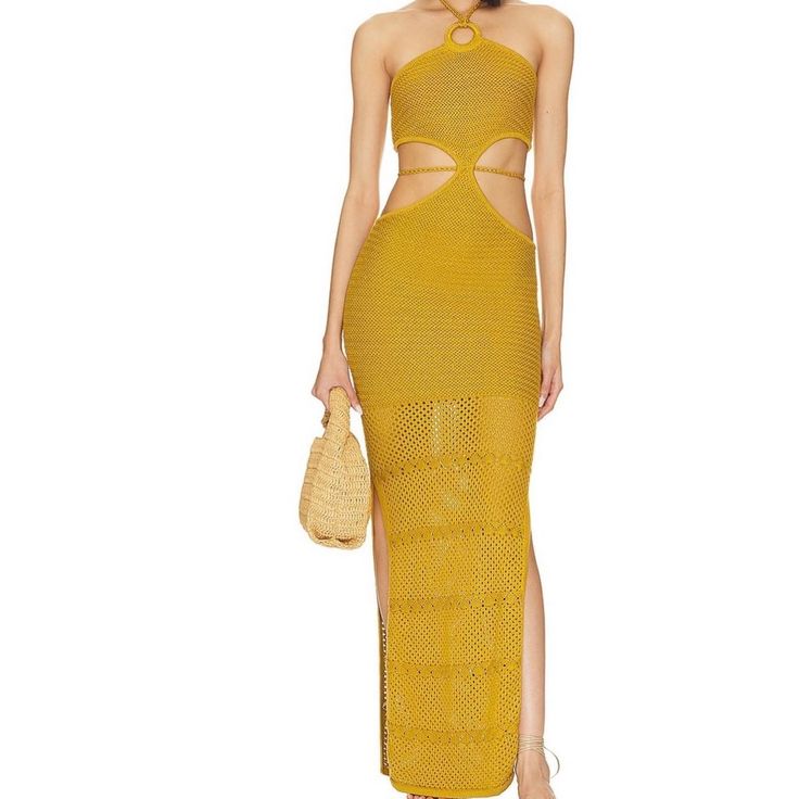 Never Worn Perfect Summer Dress Sexy Cutout Size Small Chic Gold Maxi Dress For Beach, Yellow Stretch Maxi Dress For Night Out, Stretch Yellow Maxi Dress For Night Out, Yellow Maxi Dress For Brunch During Beach Season, Gold Maxi Dress For Summer Beach, Gold Midi Dress For Summer Brunch, Gold Maxi Dress For Summer Brunch, Elegant Yellow Midi Dress For Beach, Yellow Stretch Midi Dress