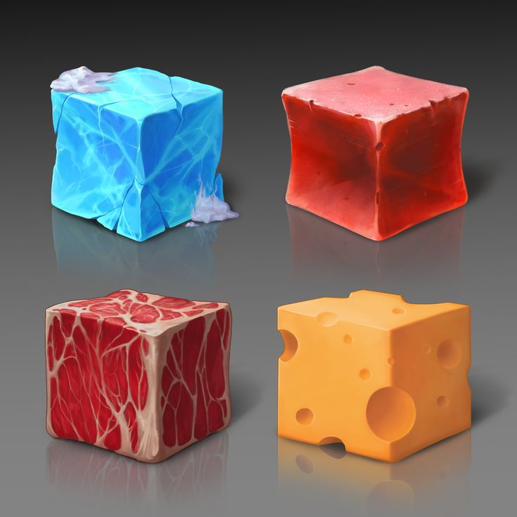 four different types of cheese cubes on a gray surface with one red, one blue and one yellow