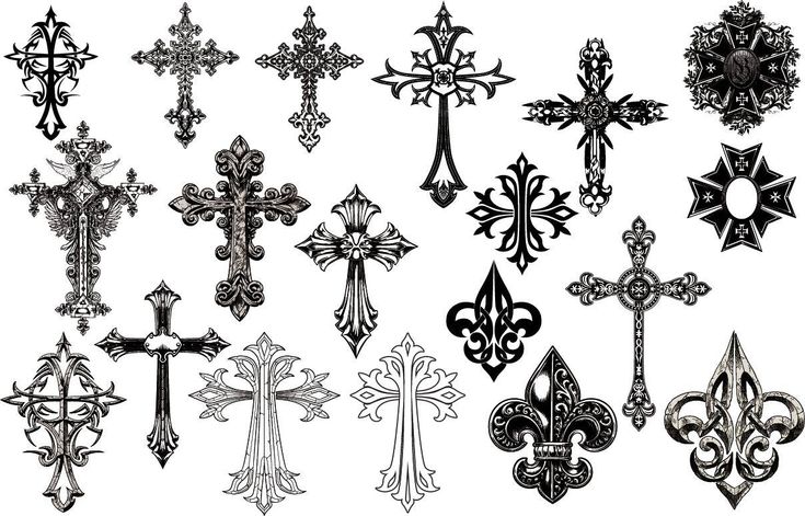 a bunch of different crosses that are in black and white, each with an ornate design