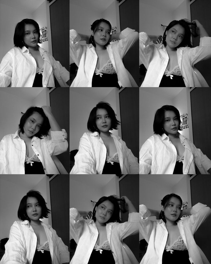 black and white photos of a woman in various poses with her hands on her head