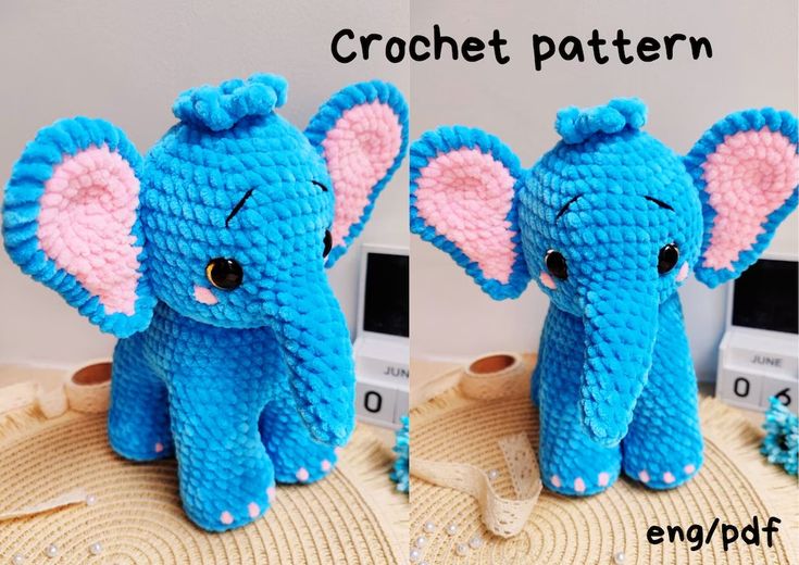 two pictures of an elephant made out of crochet