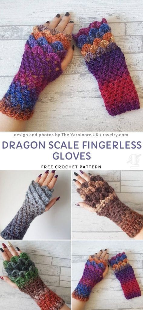 the dragon scale fingerless gloves are made from yarn and crochet, with different colors