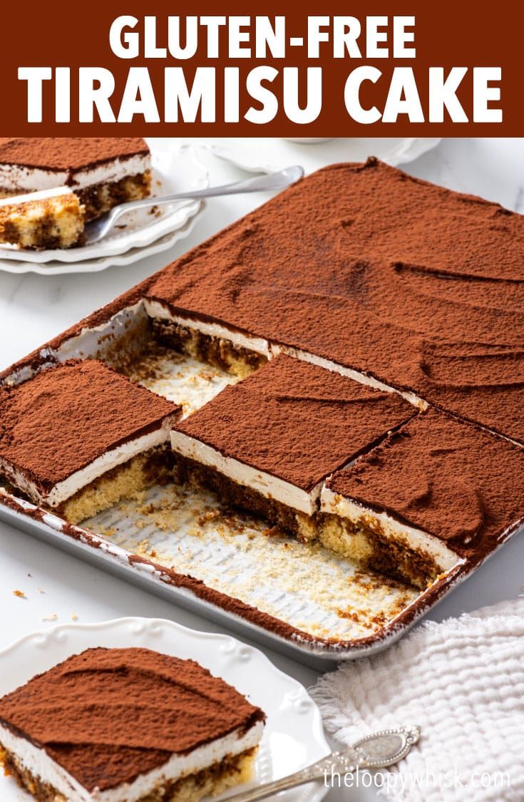 there is a cake that has been cut into squares and placed on plates with the words gluten - free tiramsu cake