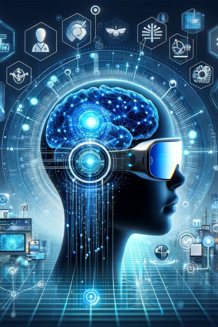 a person's head with futuristic glasses and icons surrounding it