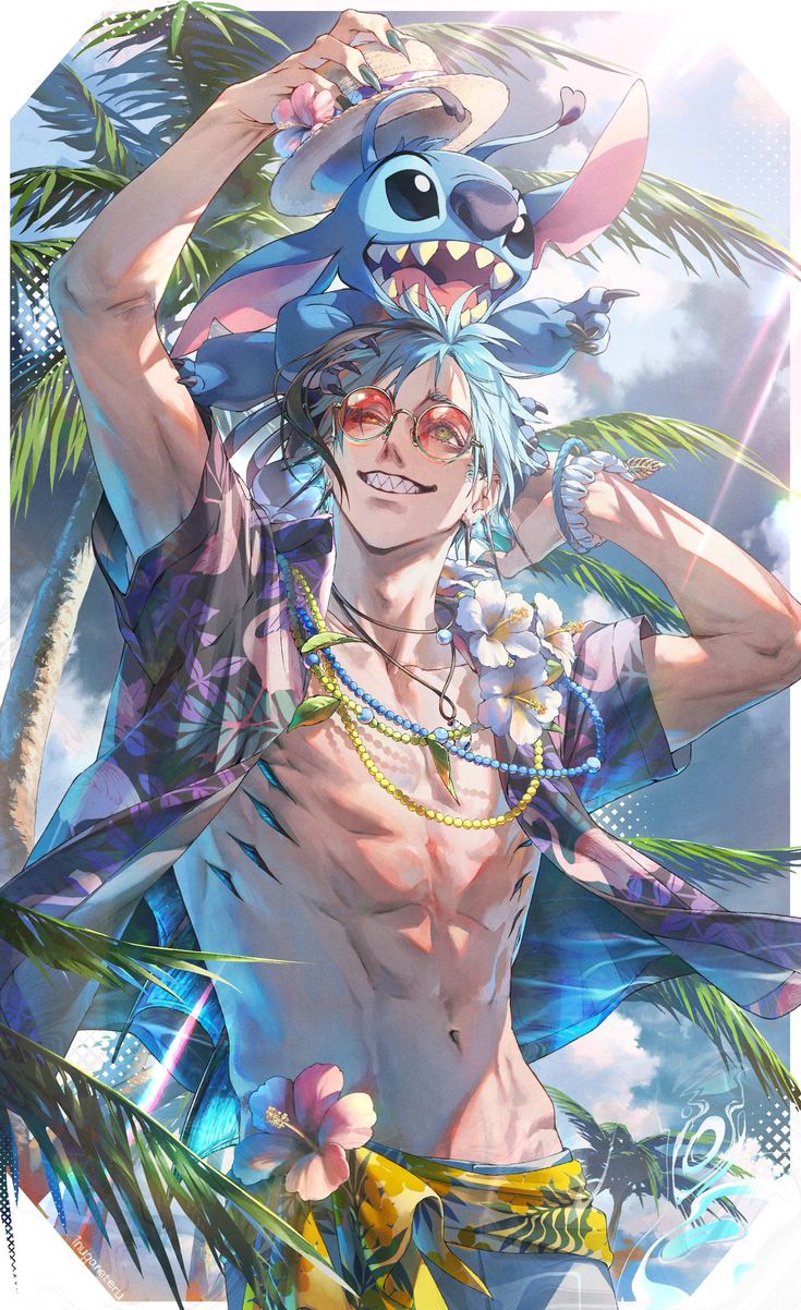 an anime character with blue hair and tattoos on his chest, holding palm trees in front of him