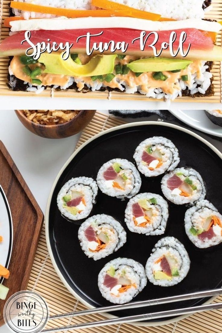 sushi rolls with tuna and avocado on top are shown in this collage