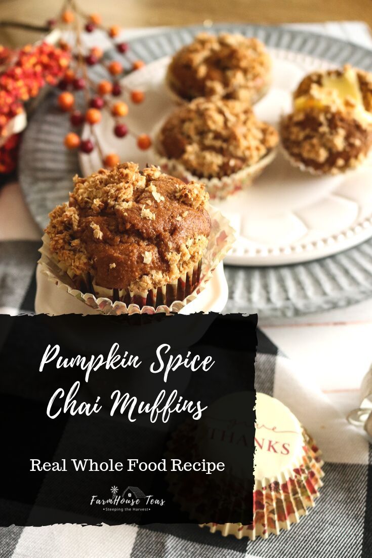 pumpkin spice chai muffins with real whole food recipe on a plate next to it