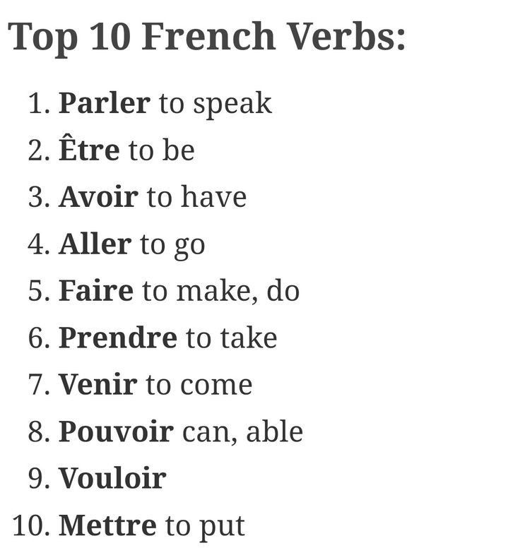 the top ten french verbs are in black and white, with text below them