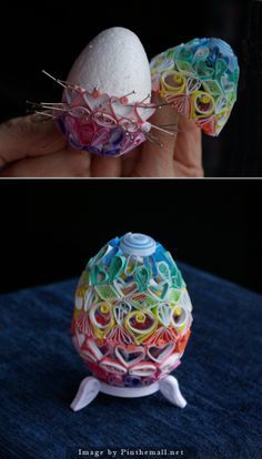 two pictures of an egg made out of paper machs, one is white and the other is multicolored