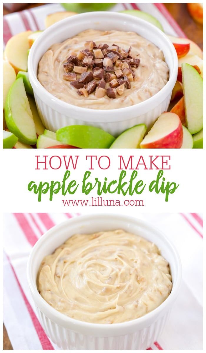 an apple and cinnamon dip in a white bowl with apples on the side, and text overlay that reads how to make apple brick dip