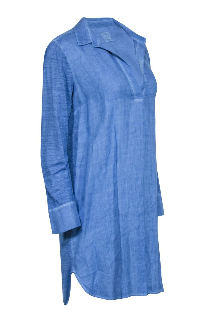 Put a nautical twist on your summer style with this 120% Lino blue linen tunic dress. Perfect for a beach cover up or a night out with friends, this mini tunic features long sleeves, a collared neckline, and a breezy style that's perfect for vacation vibes! Cool and comfy no matter where you are. Size S 100% Linen Unlined V-neckline Long sleeves Tunic style Bust 45" Waist 46" Shoulder to hem 33" Sleeve length 24.5" Blue Linen Dress For Spring Vacation, Summer Blue Linen Daywear Dress, Blue Summer Linen Dress For Daywear, Blue Linen Summer Dress For Daywear, Summer Blue Linen Dress For Daywear, Blue Linen V-neck Dress For Vacation, Blue V-neck Linen Dress For Vacation, Blue Linen Summer Beach Dress, Casual Summer Tunic With Split Neck