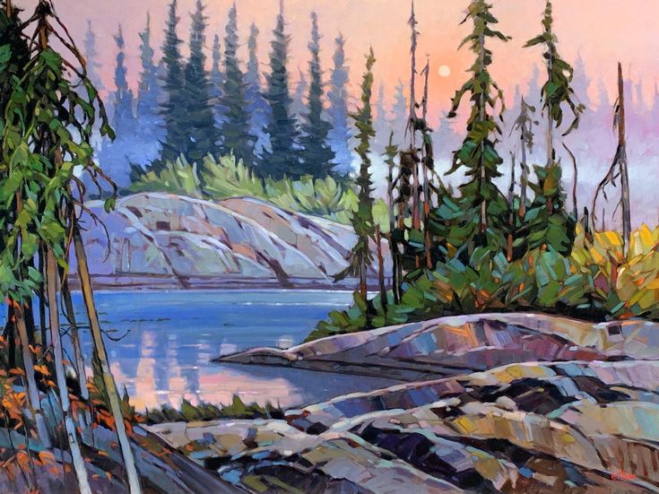 an oil painting of trees and rocks by the water