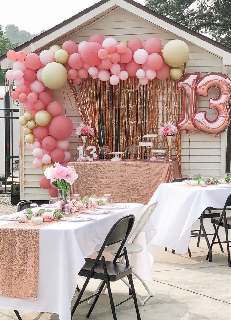 a table set up with balloons and flowers for an elegant 30th birthday party at home