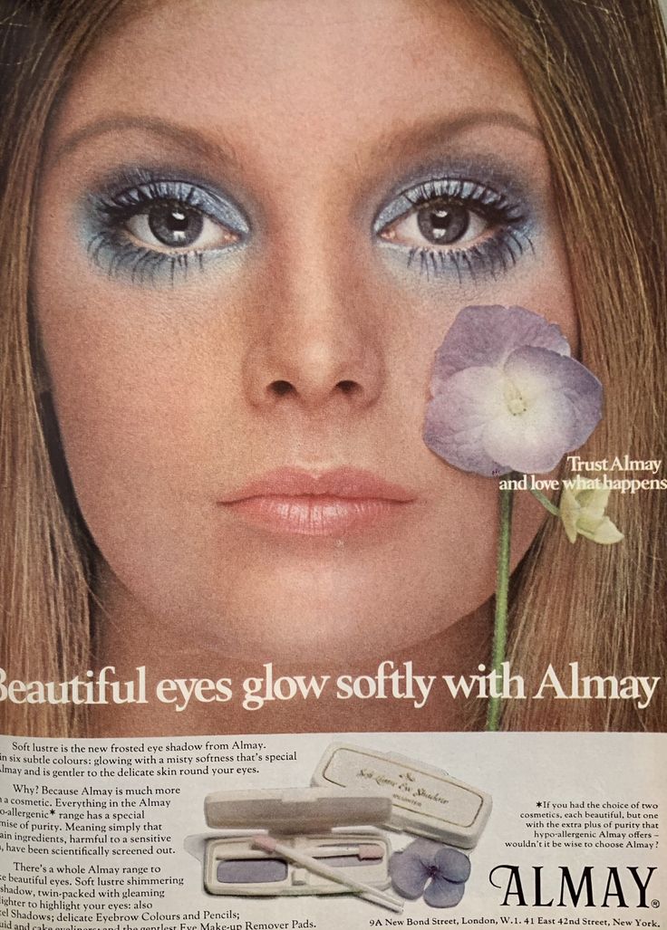 70s ad Vintage Make Up Ads, 70s Makeup Magazine, 70s Fashion Ads, 70s Makeup Ads, 70d Makeup, 70s Eyeshadow, Eye Makeup Blue Eyeshadow, 1970’s Makeup, White Eyeshadow Looks