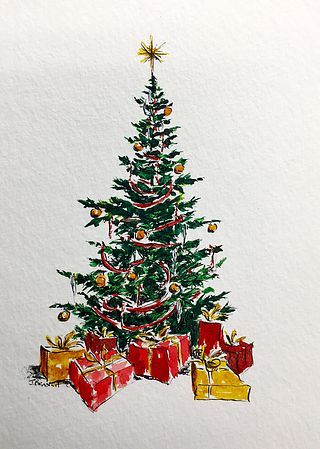 a drawing of a christmas tree with presents under it