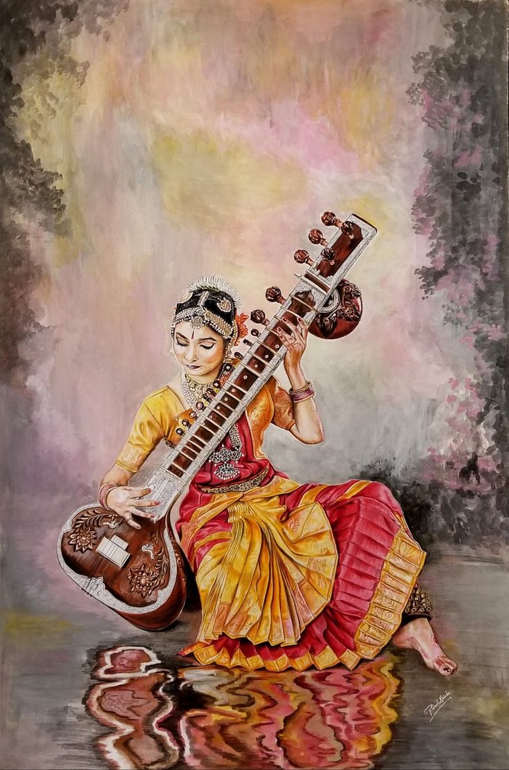 a painting of a woman playing the sitar