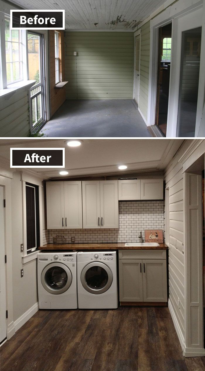 before and after pictures of an empty laundry room with dryer, washer and cabinets